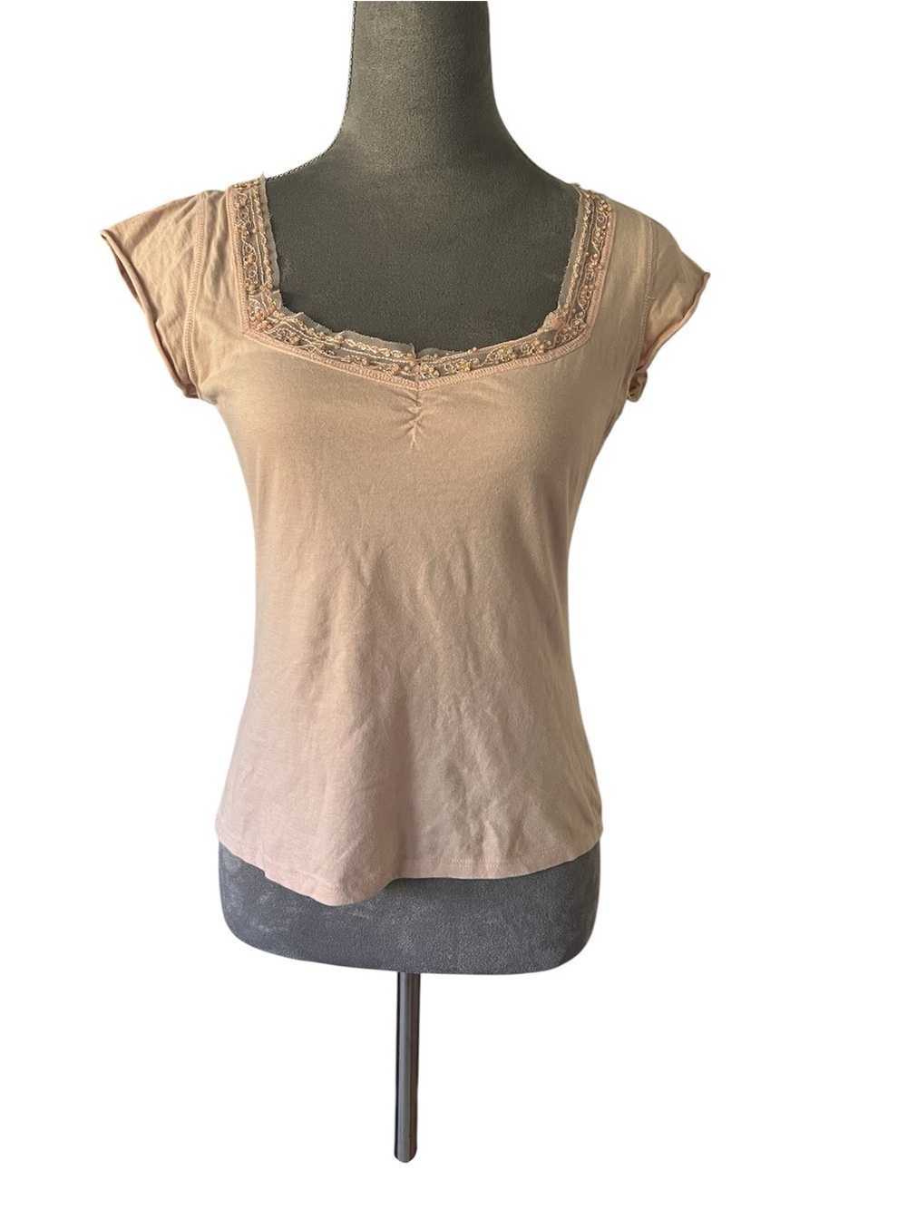 Women’s Square Neck Lace-Trim Tee in Blush Pink